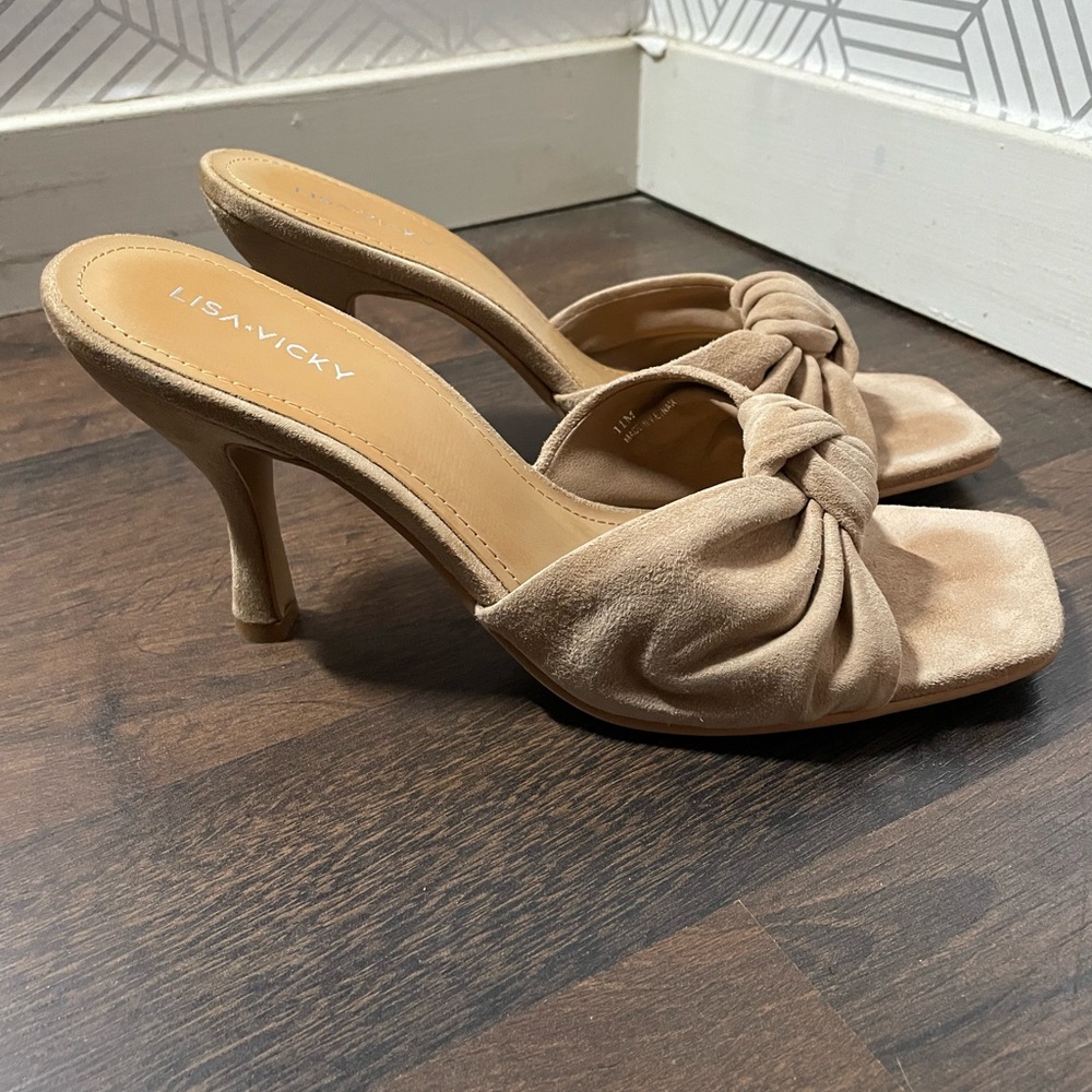 Tan suede mule heels